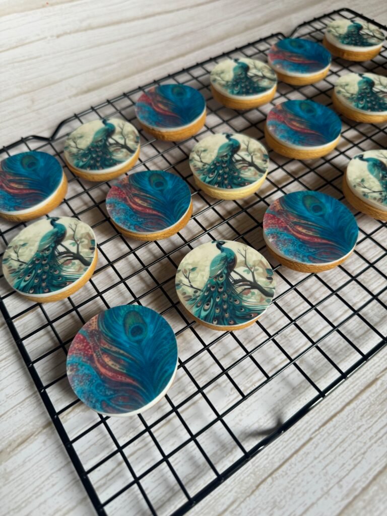 A set of custom printed sugar cookies by Hala Cookies, featuring elegant peacock and feather designs, arranged on a cooling rack and ideal for sophisticated corporate gifts or artistic events in Doha.